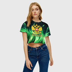 Футболка 3D укороченная женская Россия на фоне зеленого огня, цвет: 3D-принт — фото 2