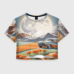 Футболка 3D укороченная женская Луна и автомобиль, цвет: 3D-принт