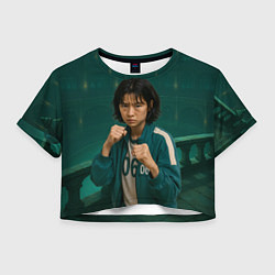 Футболка 3D укороченная женская Игра в кальмара - игрок 067 в стойке бойца, цвет: 3D-принт