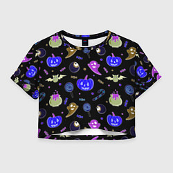 Футболка 3D укороченная женская Halloween blue black pumpkin, цвет: 3D-принт