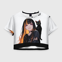 Футболка 3D укороченная женская Девушка и кот, цвет: 3D-принт
