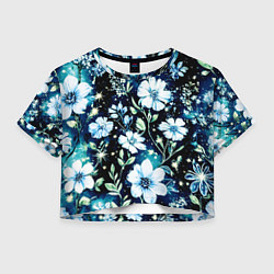 Футболка 3D укороченная женская Стилизованные цветы сине-зелёный, цвет: 3D-принт