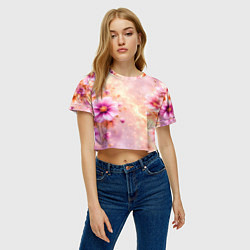Футболка 3D укороченная женская Нежный розовый цветочный с золотистым свечением, цвет: 3D-принт — фото 2