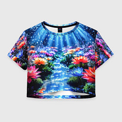 Футболка 3D укороченная женская Цветы на глубине освещённые лучами, цвет: 3D-принт