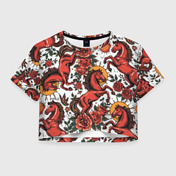 Футболка 3D укороченная женская Красный конь в стиле татуировки, цвет: 3D-принт