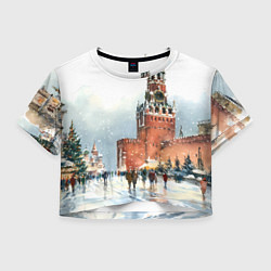 Футболка 3D укороченная женская Новогодний Кремль, цвет: 3D-принт