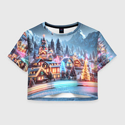 Футболка 3D укороченная женская Городок в новогодних огоньках, цвет: 3D-принт