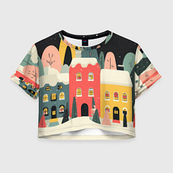 Футболка 3D укороченная женская Разноцветные новогодние дома, цвет: 3D-принт