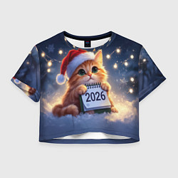 Футболка 3D укороченная женская Кот который ждет новый год, цвет: 3D-принт