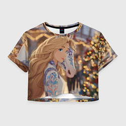 Футболка 3D укороченная женская Блондинка с новогодней лошадкой, цвет: 3D-принт