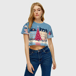 Футболка 3D укороченная женская Новогоднее гуляние у красной елки, цвет: 3D-принт — фото 2