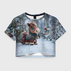 Футболка 3D укороченная женская Маленькая лошадка в новогоднем лесу, цвет: 3D-принт