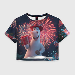 Футболка 3D укороченная женская Лошадь с подарком на фоне салюта, цвет: 3D-принт