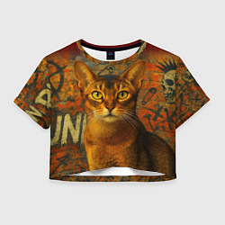 Футболка 3D укороченная женская Абиссинская кошка на фоне кирпичной стены с граффи, цвет: 3D-принт