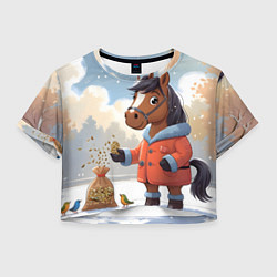 Футболка 3D укороченная женская Лошадка на зимней прогулке, цвет: 3D-принт