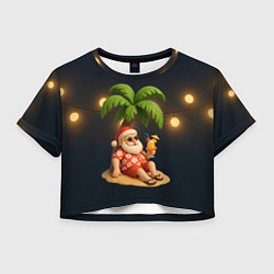 Футболка 3D укороченная женская Санта чиллит под пальмой, цвет: 3D-принт