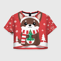 Футболка 3D укороченная женская Новогодний пес с елочкой, цвет: 3D-принт