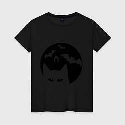 Футболка хлопковая женская Луна с котами, цвет: черный