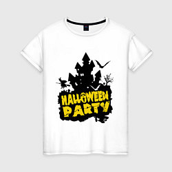 Футболка хлопковая женская Halloween party-замок, цвет: белый