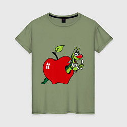 Футболка хлопковая женская Яблочко с червячком, цвет: авокадо