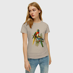 Футболка хлопковая женская Тропические попугаи цвета миндальный — фото 2