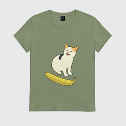 Футболка хлопковая женская Cat no banana meme, цвет: авокадо