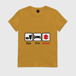 Футболка хлопковая женская Главное в жизни – еда, сон , suzuki, цвет: горчичный
