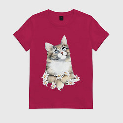 Футболка хлопковая женская Котенок с ромашками, цвет: маджента