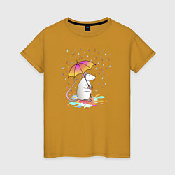 Футболка хлопковая женская Крыса под зонтиком, цвет: горчичный