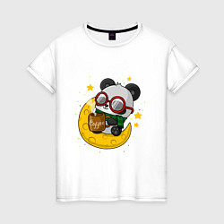 Футболка хлопковая женская Панда на луне, цвет: белый
