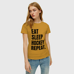 Футболка хлопковая женская EAT SLEEP HOCKEY REPEAT, цвет: горчичный — фото 2