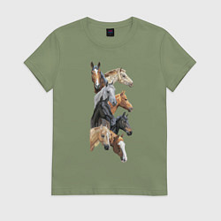 Футболка хлопковая женская Лошади, цвет: авокадо