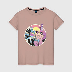 Футболка хлопковая женская Vaporwave Sunset Кот Самурай, цвет: пыльно-розовый