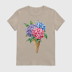 Футболка хлопковая женская Букет цветов в рожке, цвет: миндальный
