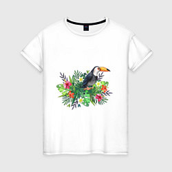 Футболка хлопковая женская Попугай ара в цветах, цвет: белый