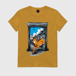 Футболка хлопковая женская Олень скачет, цвет: горчичный