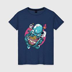 Футболка хлопковая женская Anime Octopus eating Ramen, цвет: тёмно-синий