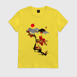 Футболка хлопковая женская Рисунок Сакура, цвет: желтый