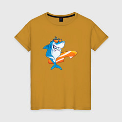 Футболка хлопковая женская Акула серфер, цвет: горчичный