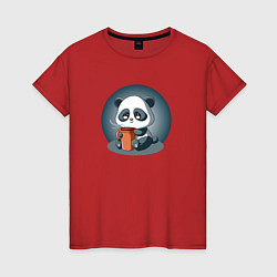Футболка хлопковая женская Панда с кружкой кофе, цвет: красный