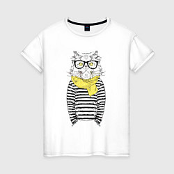 Футболка хлопковая женская Hipster Cat, цвет: белый