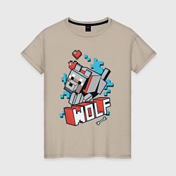 Футболка хлопковая женская Майнкрафт Волк, Minecraft Wolf, цвет: миндальный