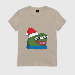 Футболка хлопковая женская Pepe, pepe happy, Пепе хеппи, pepe happy new year, цвет: миндальный