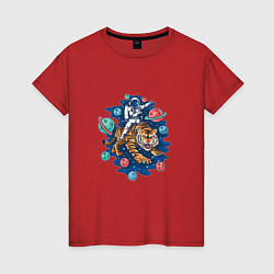 Футболка хлопковая женская Тигр и космонавт, цвет: красный