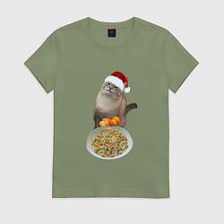 Футболка хлопковая женская Новогодний кот и оливье, цвет: авокадо