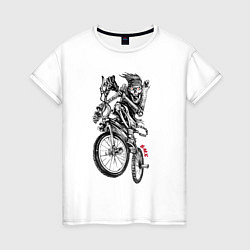 Футболка хлопковая женская Skeleton on a cool bike, цвет: белый