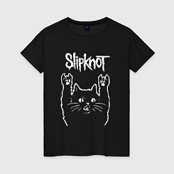 Футболка хлопковая женская Slipknot, Слипкнот Рок кот, цвет: черный