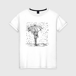 Футболка хлопковая женская Девушка с зонтом под дождем, цвет: белый
