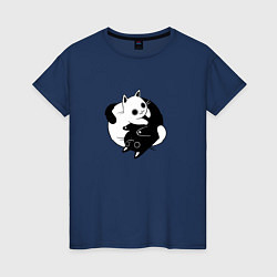 Футболка хлопковая женская Yin Yang Black And White Cats, цвет: тёмно-синий