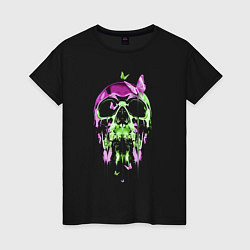 Футболка хлопковая женская Skull & Butterfly Neon, цвет: черный